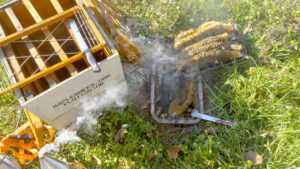 Setting up the brood box to accept all the cut out comb to be mounted in the frames. Click on picture for a larger view.